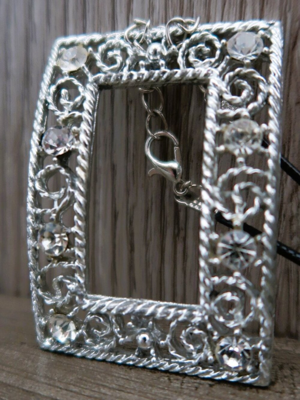 Chunky Silver Tone Filigree Rectangle Frame Pendant DIY Craft Supply Large